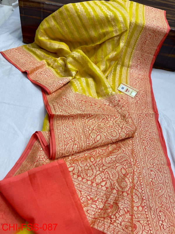 Pure Banarasi Handloom Khaddi Georgette Silk Saree With Zari Work ( length- 6.3 meter )