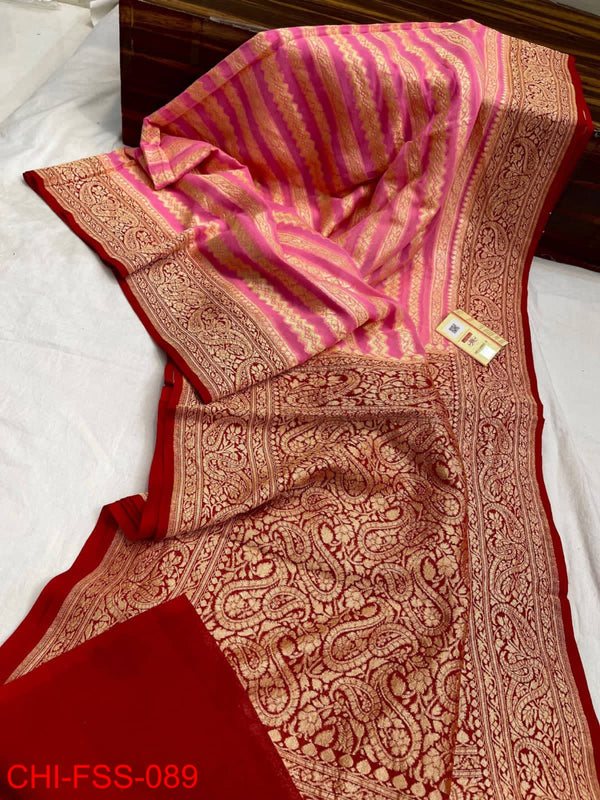 Pure Banarasi Handloom Khaddi Georgette Silk Saree With Zari Work ( length- 6.3 meter )