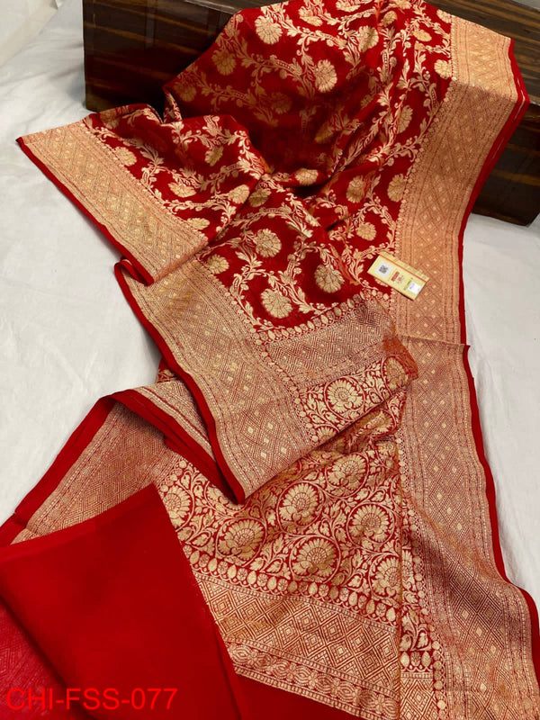 Pure Banarasi Handloom Khaddi Georgette Silk Saree With Zari Work ( length- 6.3 meter )