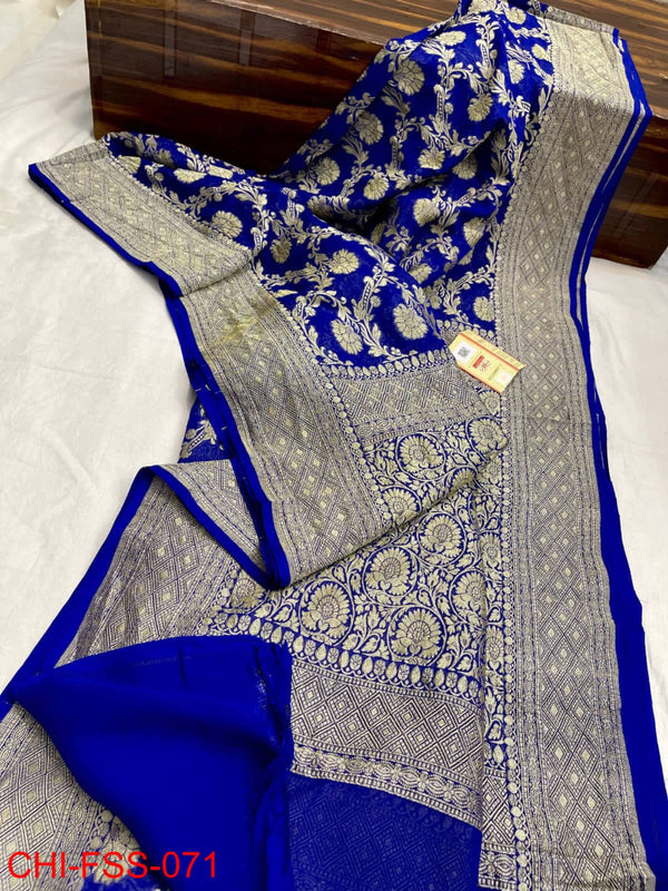 Pure Banarasi Handloom Khaddi Georgette Silk Saree With Zari Work ( length- 6.3 meter )