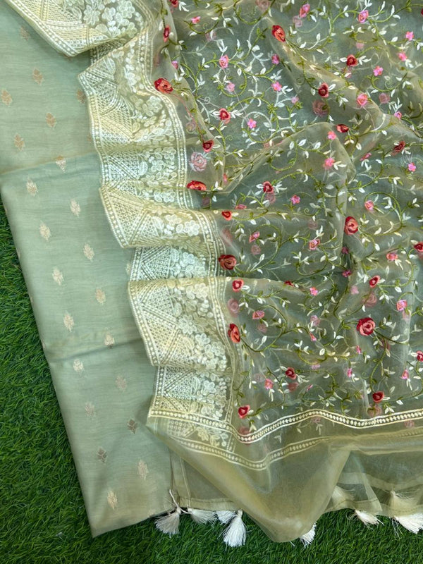 Pure Banarsi Resham Chanderi Silk Zari Buti Woven Unstitched Suit With Organza Silk Embroidery Dupatta