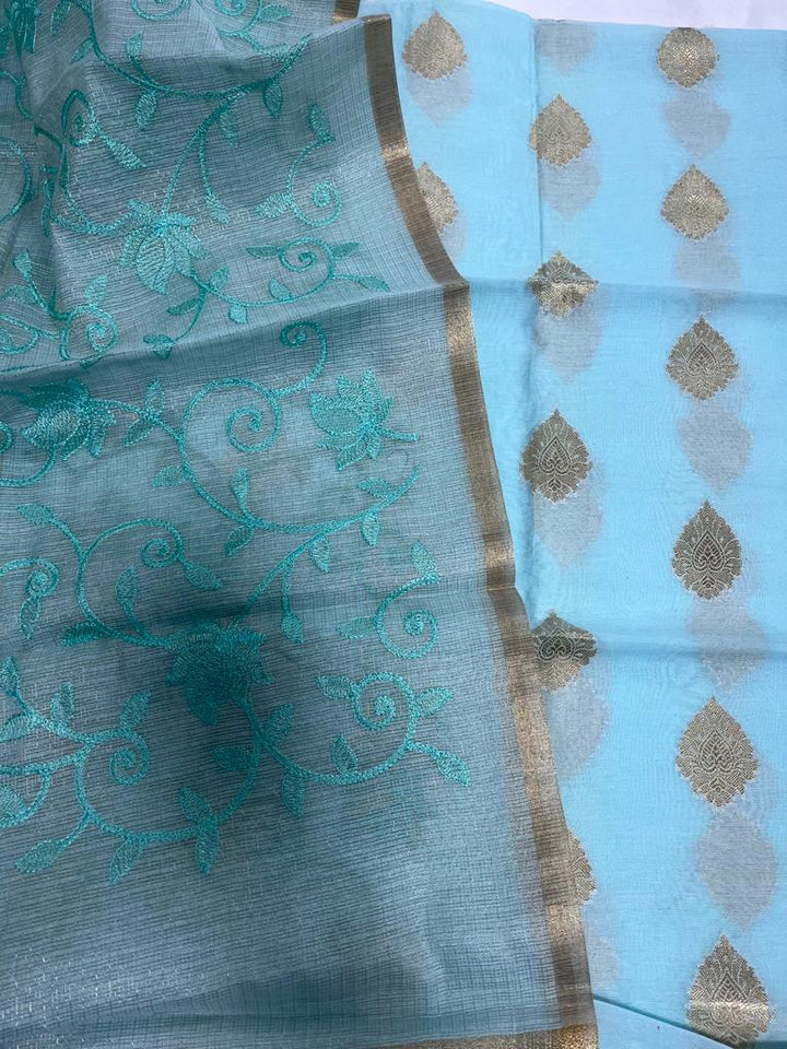 Pure Banarasi Chanderi Silk Zari Work Unstitched Suit With  Silk Chikaznkari Work Dupatta.