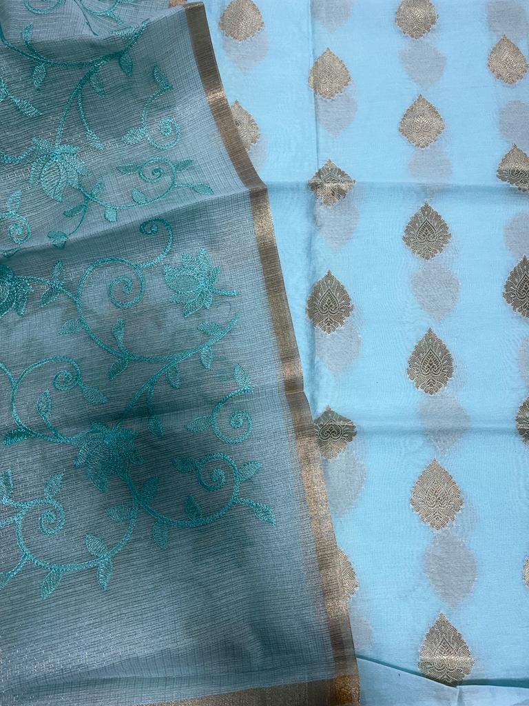 Pure Banarasi Chanderi Silk Zari Work Unstitched Suit With  Silk Chikaznkari Work Dupatta.