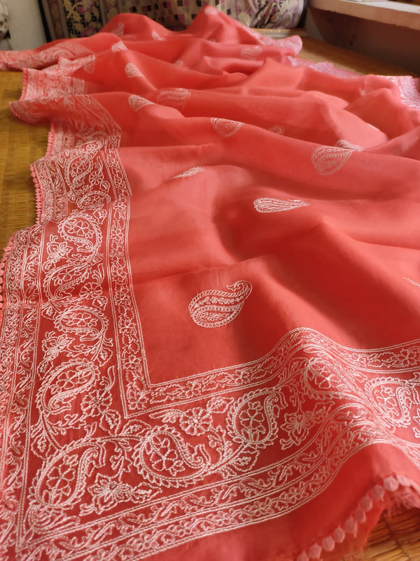 Pure Organza Silk Saree Kari Buit / Crochet Lace Work With Blouse.