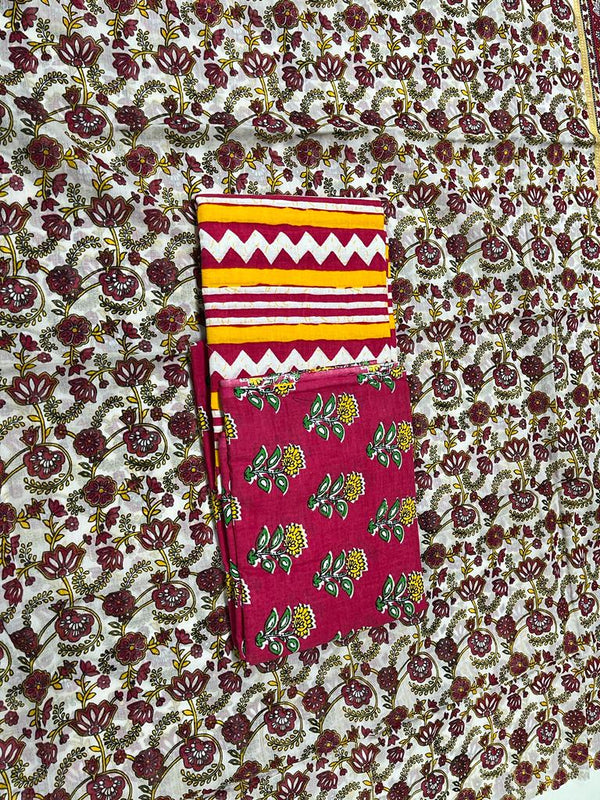 Pure Cotton  Hand Block Print Unstitched Suit With Cotton Dupatta.