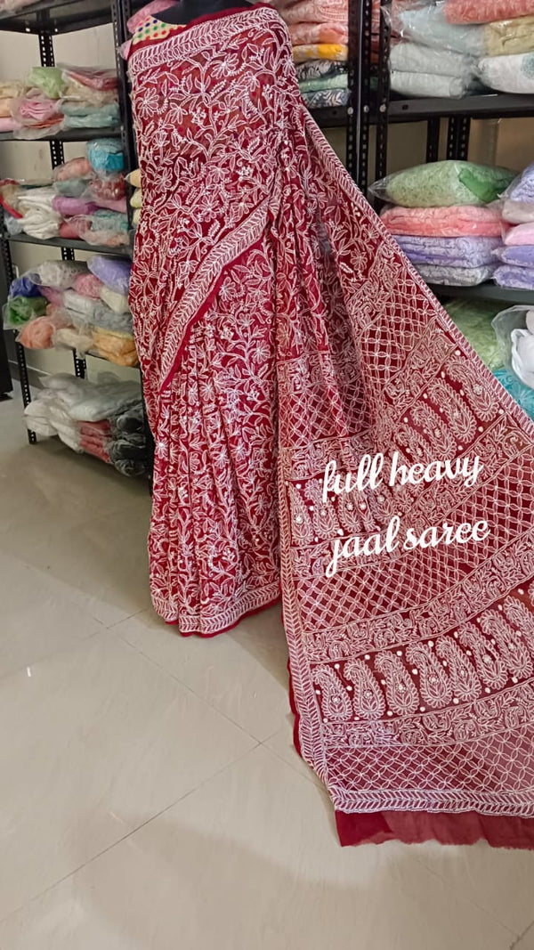 Pure Georgette Chikankari Full Jaal Work Hand Embroidery Saree with Blouse.