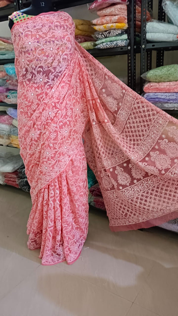 Pure Georgette Chikankari Full Jaal Work Hand Embroidery Saree with Blouse.