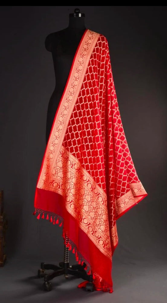 Pure Banarasi Handloom Khaddi Georgette Silk Dupatta With Heavy Zari Work ( Length-2.5 Meter )