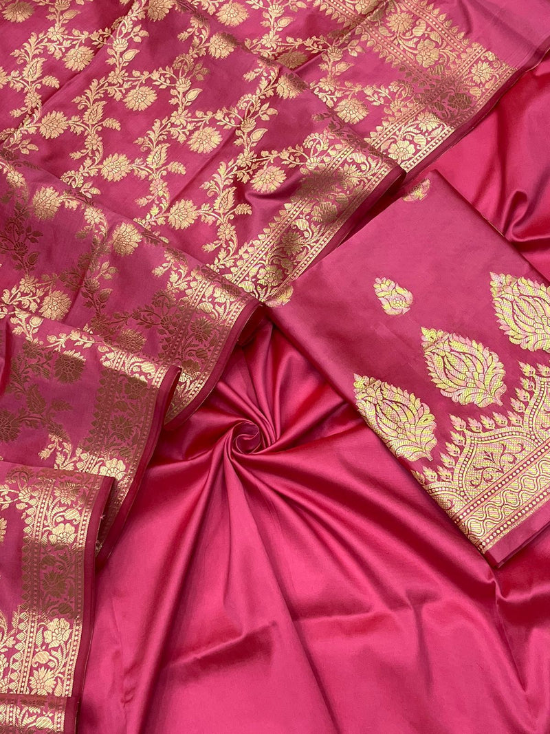 Pure Banarasi Silk Double Zari Weaved Silk Unstitched Suit With Banarasi Silk Jaal Work Dupatta .