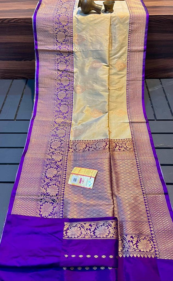 Pure Banarasi Handloom Katan Silk Saree With Zari Work Border.