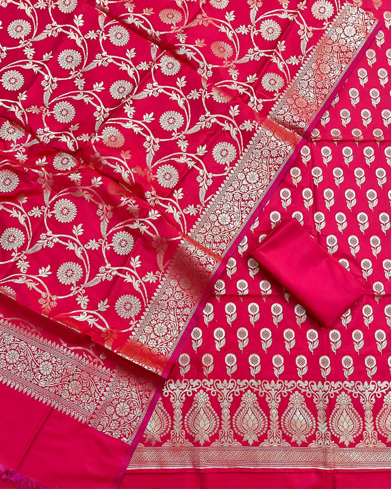 Pure Banarasi Silk Zari Weaved Silk Unstitched Suit With Banarasi Silk Jaal Work Dupatta .