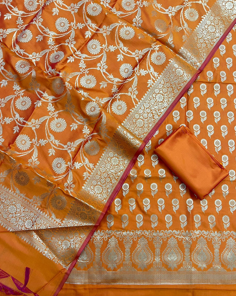 Pure Banarasi Silk Zari Weaved Silk Unstitched Suit With Banarasi Silk Jaal Work Dupatta .