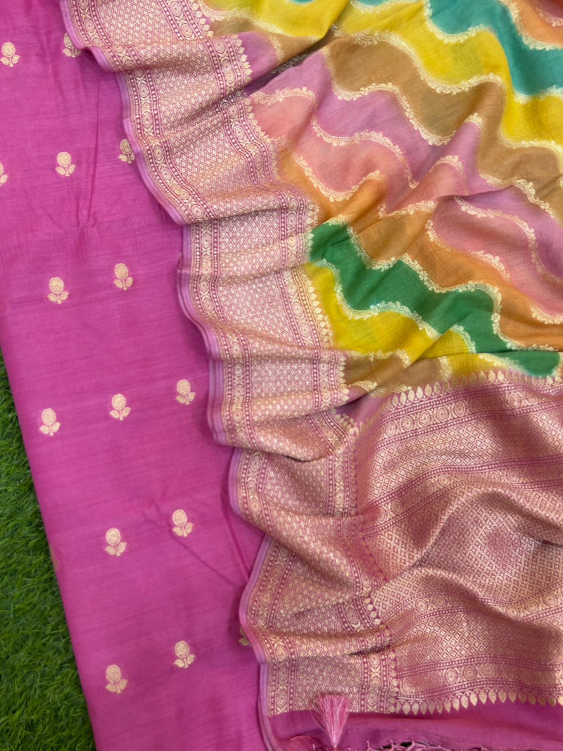 Pure Banarasi Handloom Munga Silk Unstitched Suit With Handloom Munga Silk Hand Brush Dupatta.