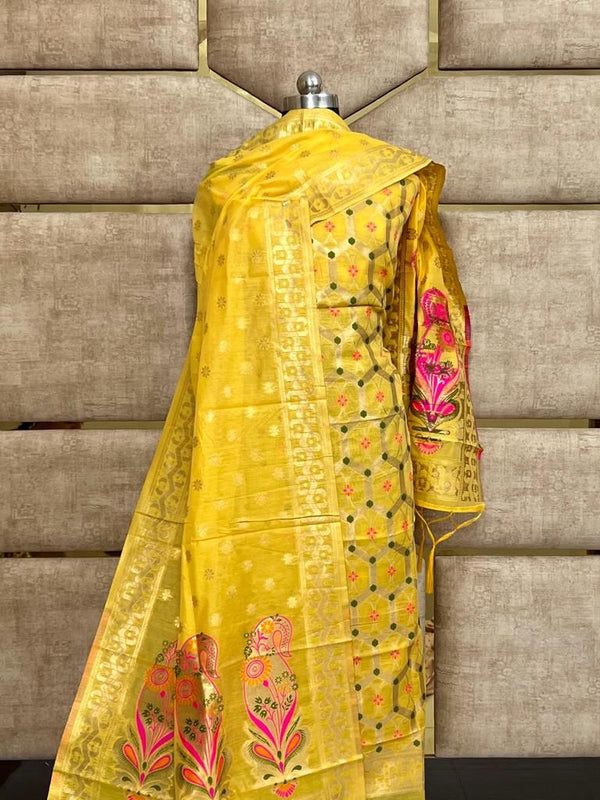 Banarasi Cotton Jamdani weaved Suit With Zari Weaving.