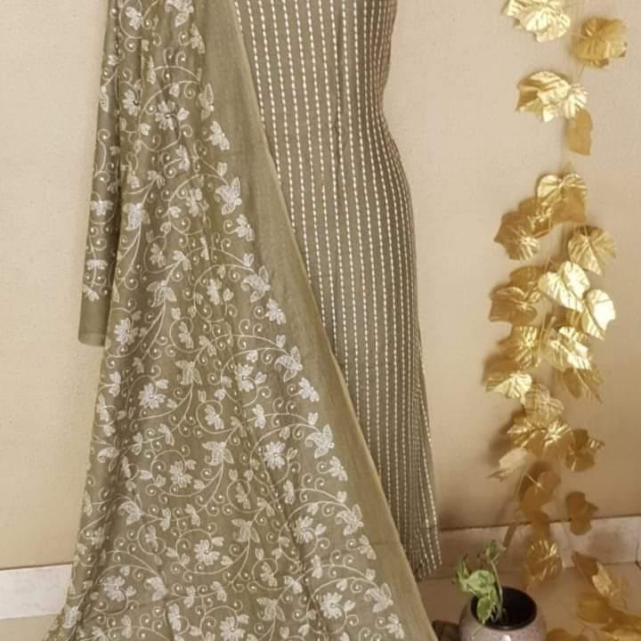 Pure Katan Giccha Silk Unstitched Suit With Dupatta.