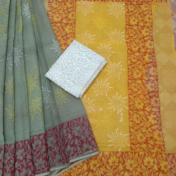 Pure Kota Doriya Hand Block Print Saree with Running Blouse.