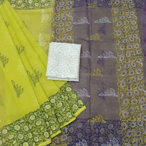 Pure Kota Doriya Hand Block Print Saree with Running Blouse.