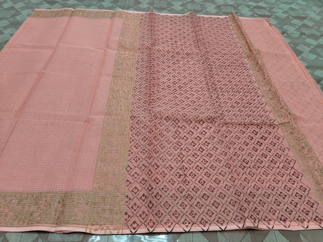 Pure Kota Doriya Hand Block Print Saree with Running Blouse.