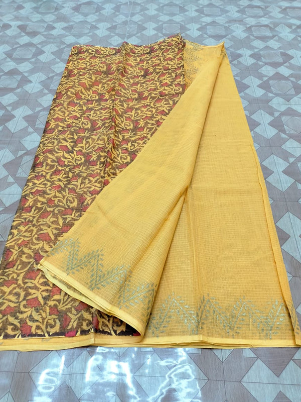 Pure Kota Doriya Hand Block Print Saree with Running Blouse.