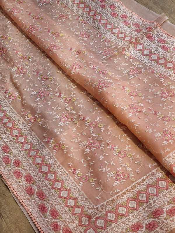 Pure Organza Silk Chikankari Hand Embroidery  Work Saree .