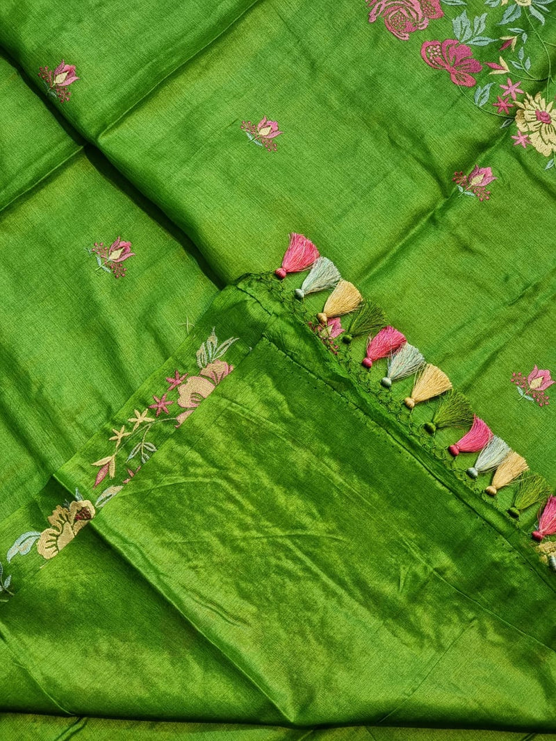 Pure Tussar Moonga Silk Embroidery Saree With Running Blouse.