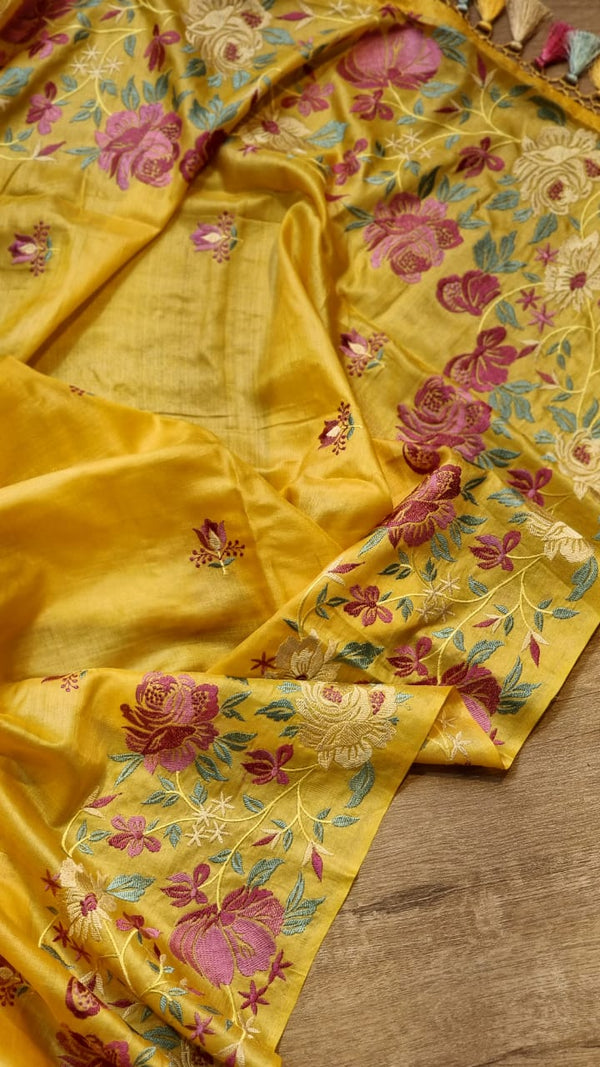 Pure Tussar Moonga Silk Embroidery Saree With Running Blouse