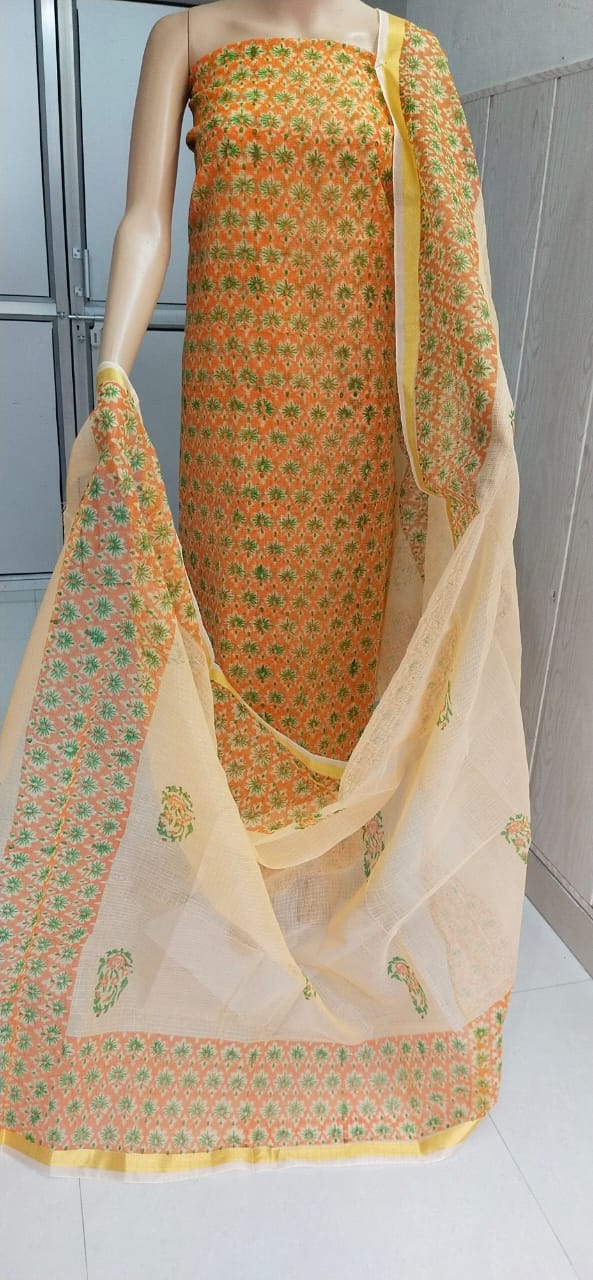 Pure Kota Doriya Hand Block Print Unstitched Suit With Dupatta (Without Bottom )