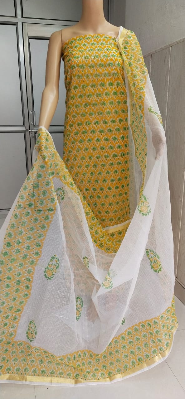 Pure Kota Doriya Hand Block Print Unstitched Suit With Dupatta (Without Bottom )