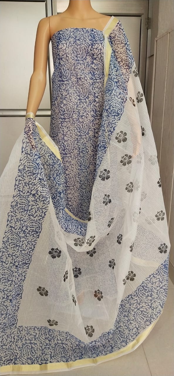 Pure Kota Doriya Hand Block Print Unstitched Suit With Dupatta (Without Bottom )