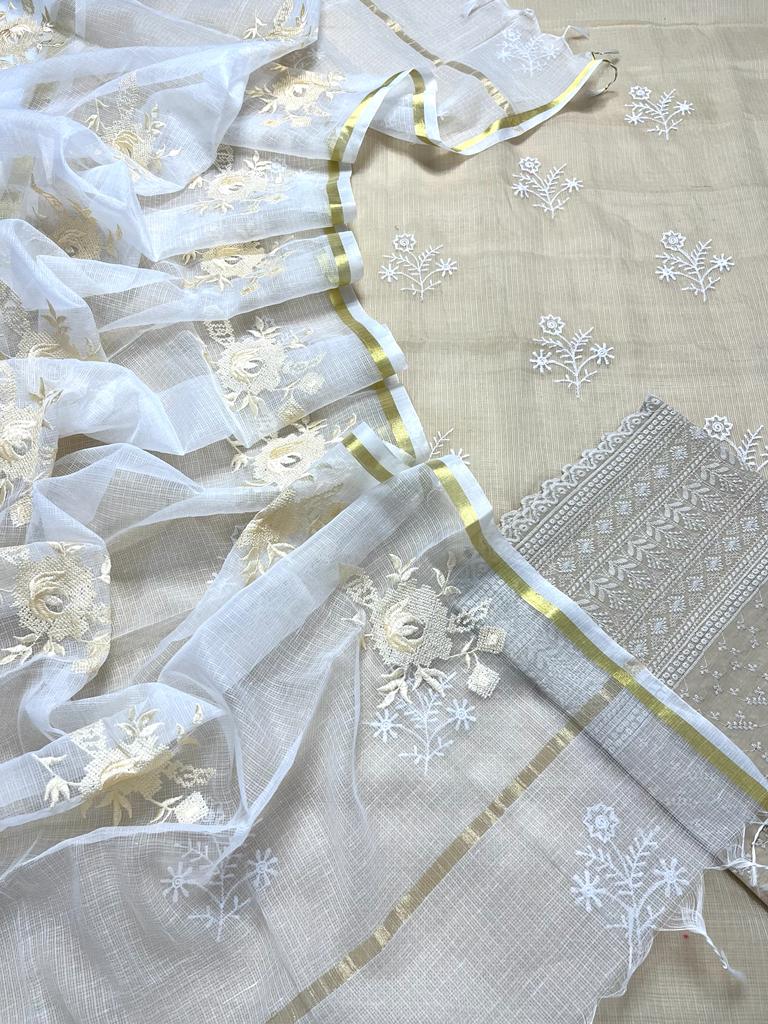 Pure Cotton Kota Doriya Embroidery Work Unstitched Suit With Chikankari Bottom.