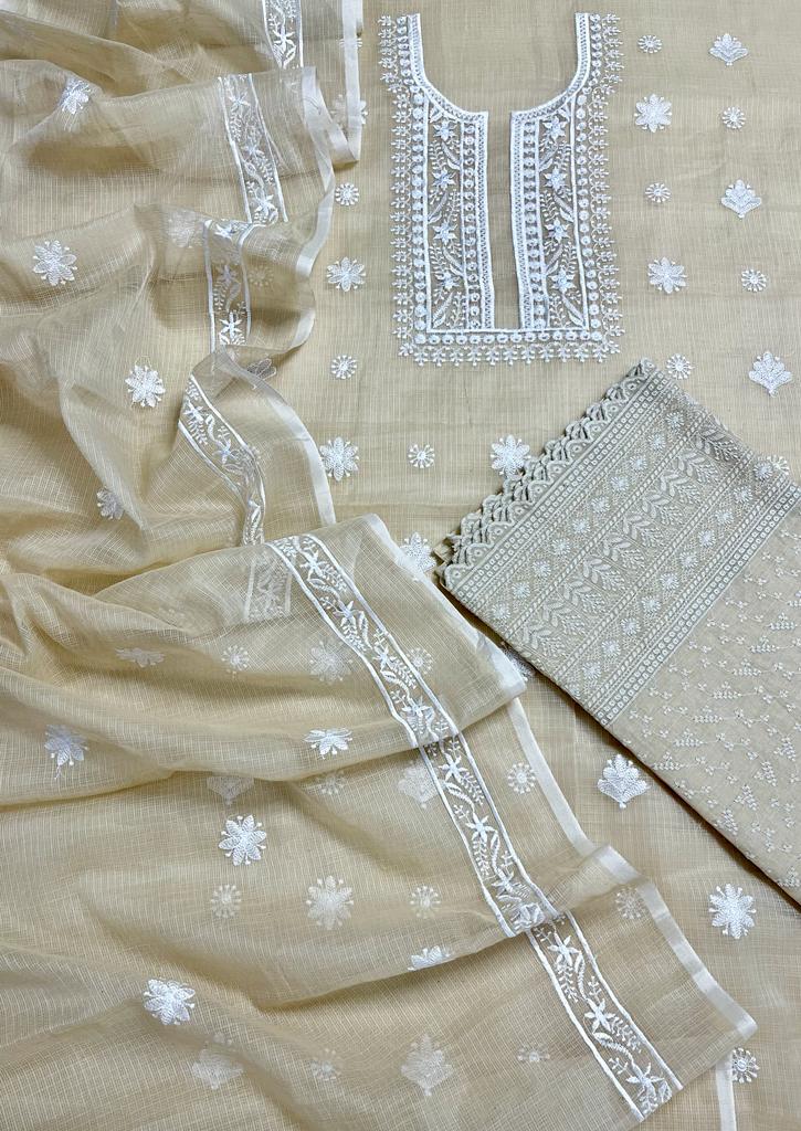 Pure Cotton Kota Doriya Embroidery Work Unstitched Suit With Chikankari Bottom.