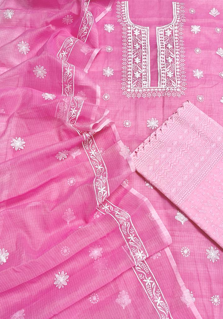 Pure Cotton Kota Doriya Embroidery Work Unstitched Suit With Chikankari Bottom.