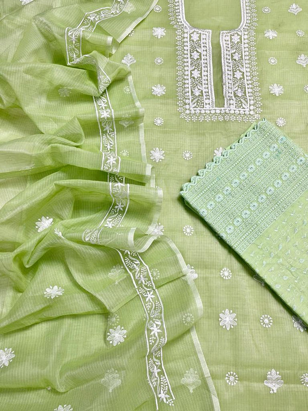 Pure Cotton Kota Doriya Embroidery Work Unstitched Suit With Chikankari Bottom.