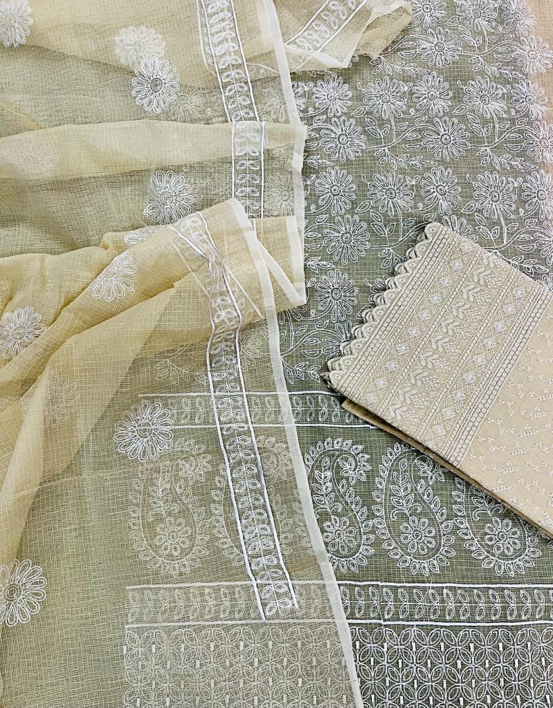 Pure Cotton Kota Doriya Embroidery Work Unstitched Suit With Chikankari Bottom.