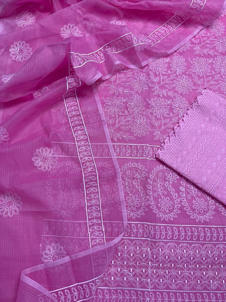 Pure Cotton Kota Doriya Embroidery Work Unstitched Suit With Chikankari Bottom.