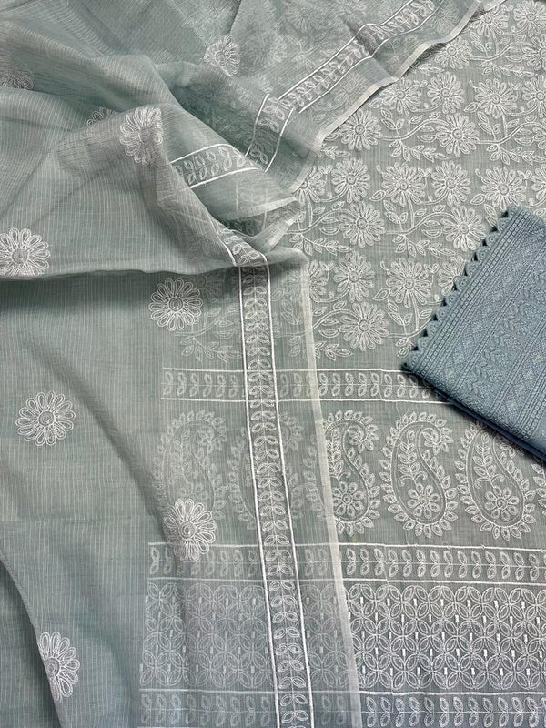 Pure Cotton Kota Doriya Embroidery Work Unstitched Suit With Chikankari Bottom.