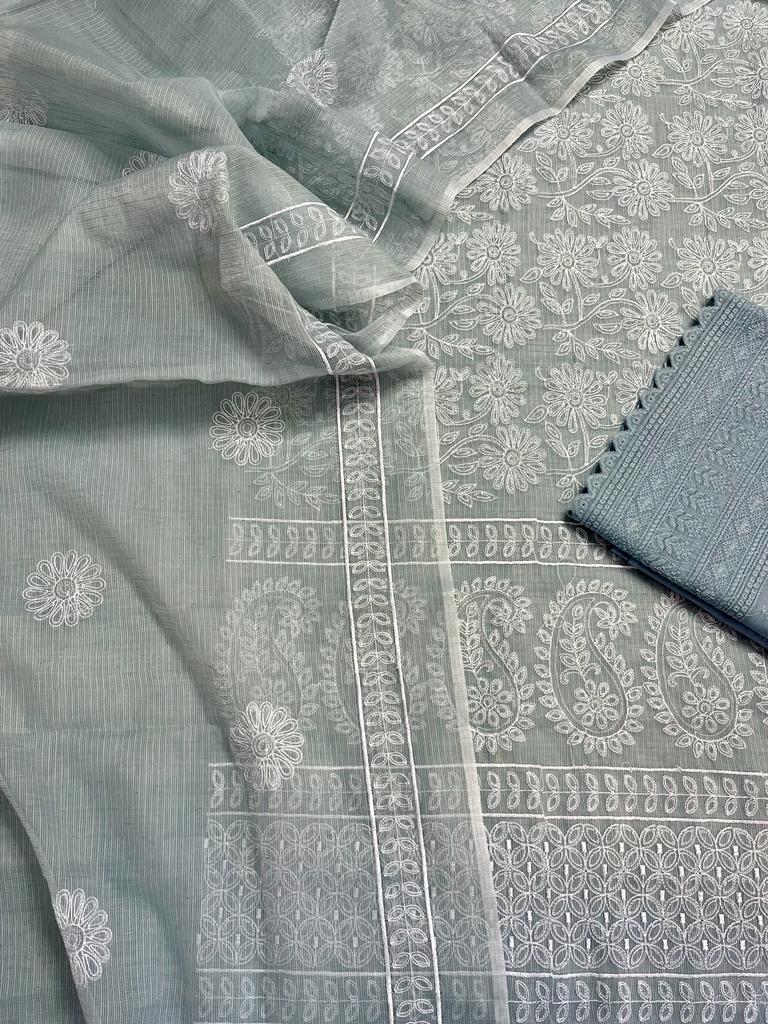 Pure Cotton Kota Doriya Embroidery Work Unstitched Suit With Chikankari Bottom.