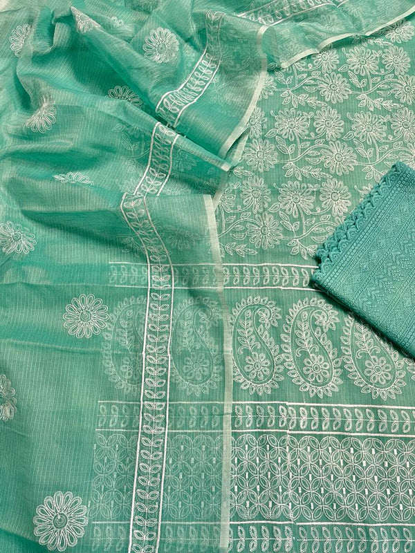 Pure Cotton Kota Doriya Embroidery Work Unstitched Suit With Chikankari Bottom.