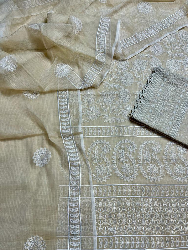 Pure Cotton Kota Doriya Embroidery Work Unstitched Suit With Chikankari Bottom.