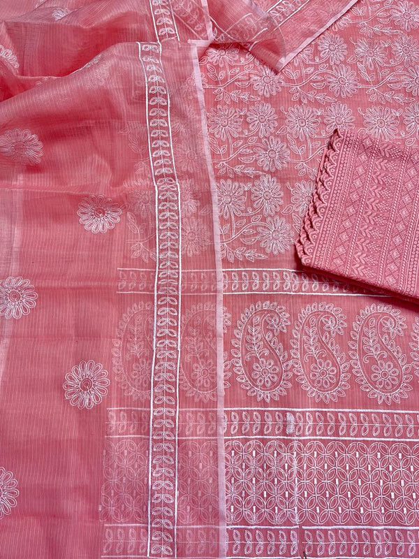 Pure Cotton Kota Doriya Embroidery Work Unstitched Suit With Chikankari Bottom.