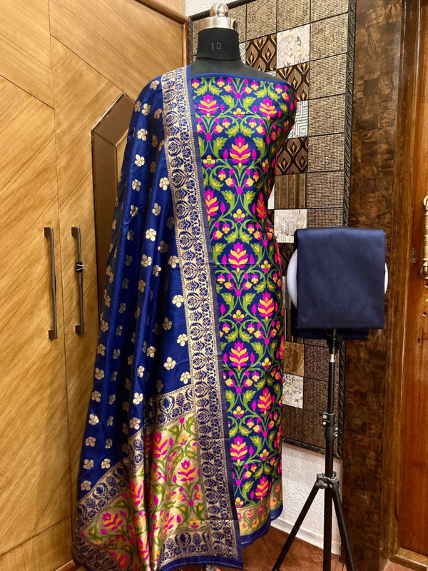 Pure Banarasi Cotton Jamdani Weaved Zari And Meenakari Work Unstitched Suit .