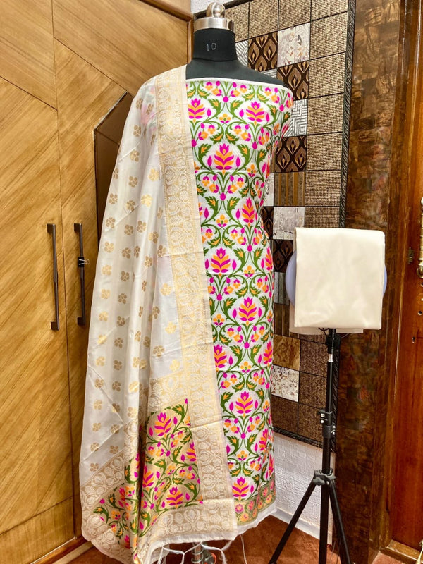 Pure Banarasi Cotton Jamdani Weaved Zari And Meenakari Work Unstitched Suit .