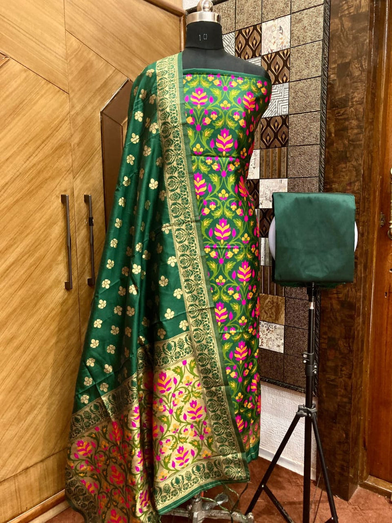 Pure Banarasi Cotton Jamdani Weaved Zari And Meenakari Work Unstitched Suit .