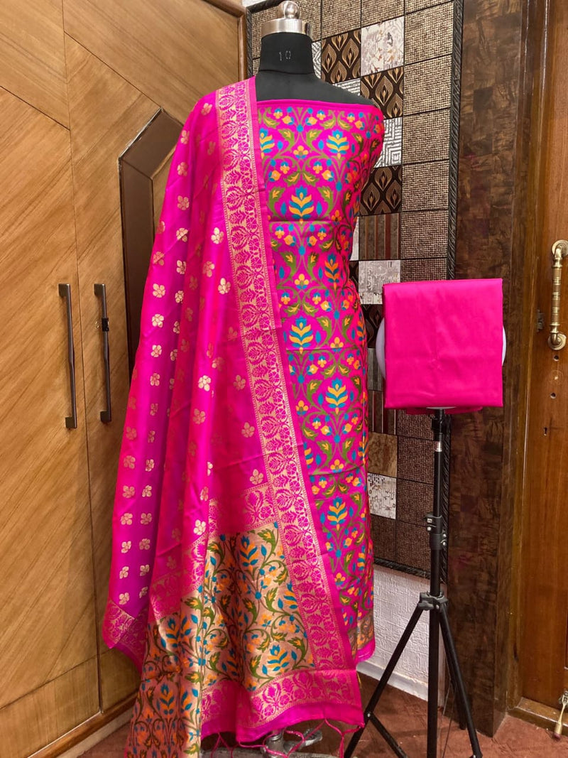 Pure Banarasi Cotton Jamdani Weaved Zari And Meenakari Work Unstitched Suit .