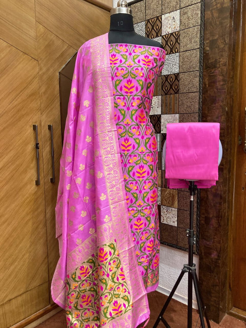 Pure Banarasi Cotton Jamdani Weaved Zari And Meenakari Work Unstitched Suit .