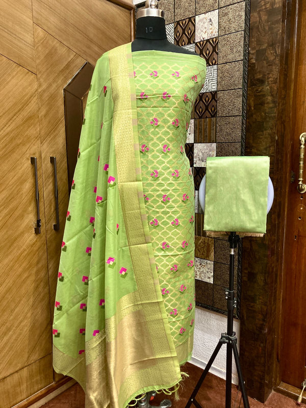 Pure Banarasi Chanderi Silk Weaved Unstitched Suit With Chanderi Dupatta.