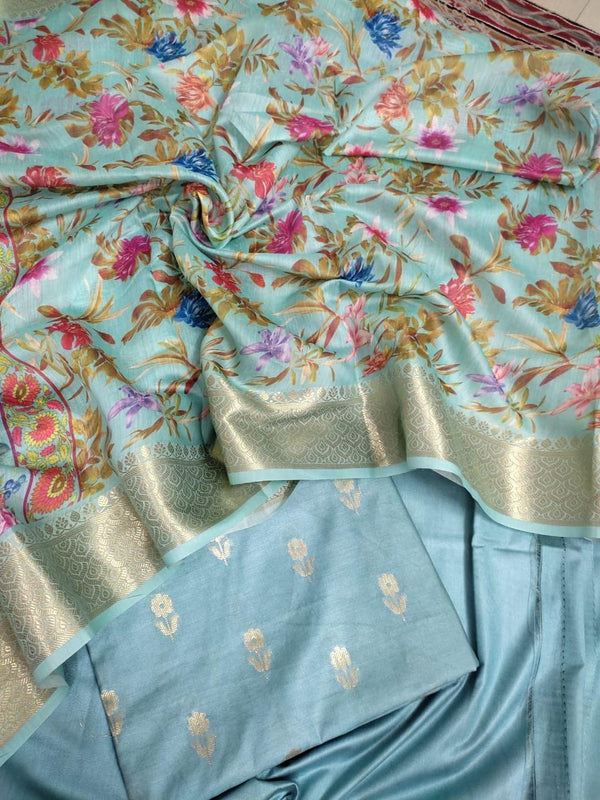 Pure Banarasi Cotton Chanderi Silk Zari Work Unstitched Suit With Digital Print Dupatta.