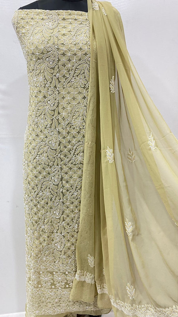 Pure Chiffon Georgette Chikankari Hand Embroidery Unstitched Suit.