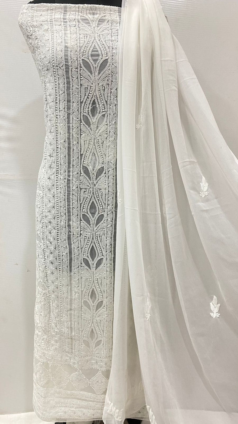 Pure Chiffon Georgette Chikankari Hand Embroidery Unstitched Suit.