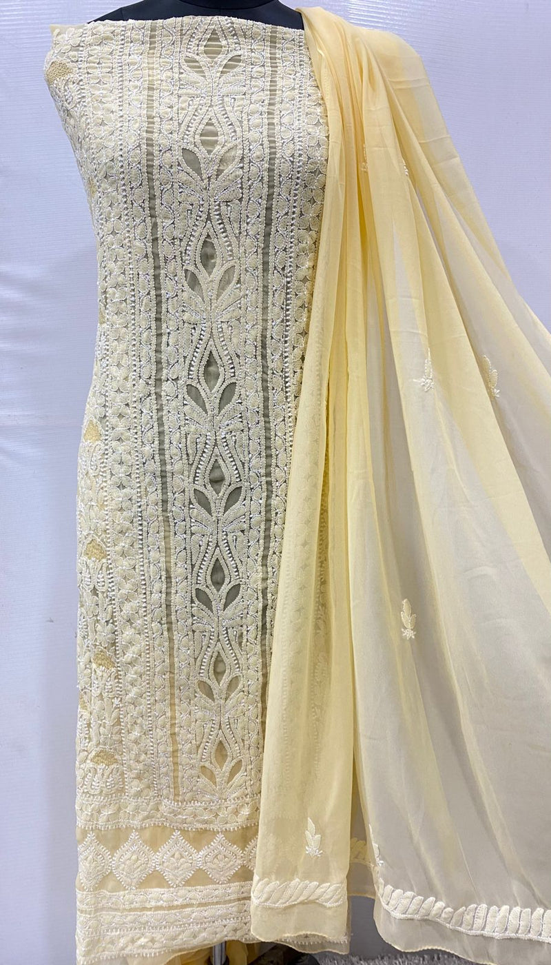 Pure Chiffon Georgette Chikankari Hand Embroidery Unstitched Suit.